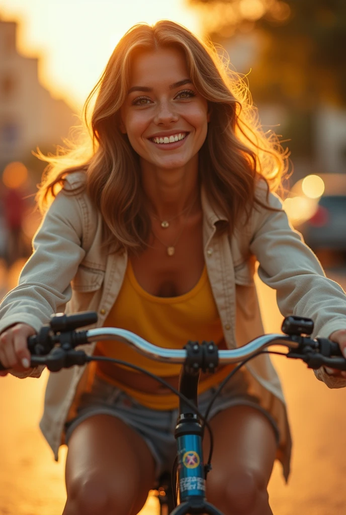 Best quality,high resolution,8k masterpiece, atmosphere, golden hour light:1.3, bright light hard light:1.2, fuji color:1.5, film grain, frontal camera shot:1.5, Attractive happy woman riding a bike, 20 year old, IG foto, delicate occidental features, aureal proportion:1.5, slight wavy brown hair with little few blonde lights:1.4, thick sexy eyebrows:1.4, long eyelashes:1.3,deep eye look:1.3, (real skin texture:1.3), medium thick lips :1.3, brown golden eyes :1.5,