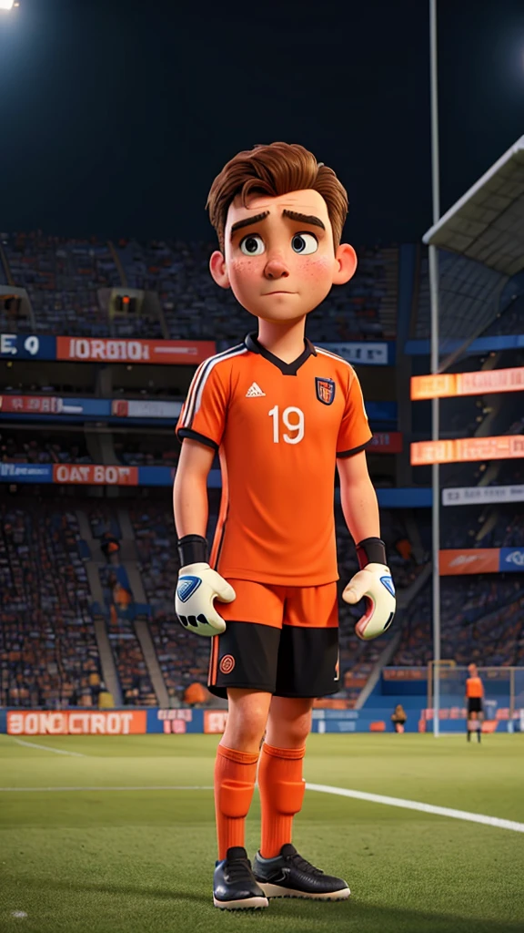 Sad goalkeeper on a soccer field wearing orange uniform