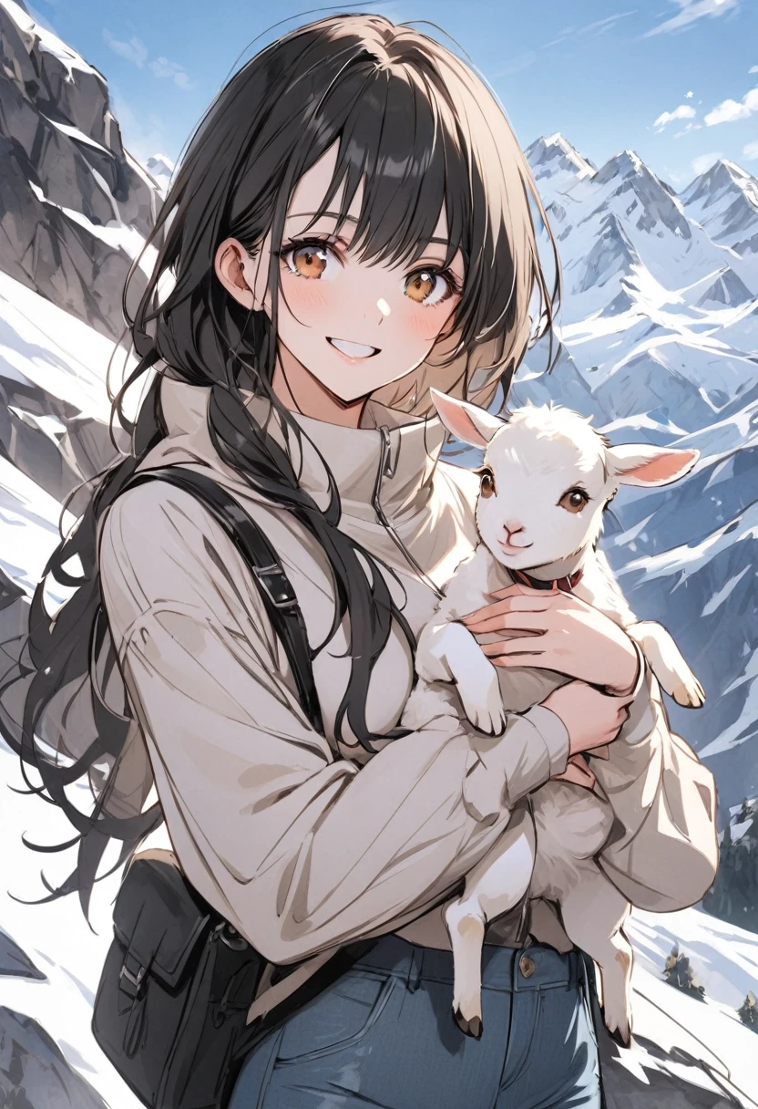 Girl short dark black hair , In the Swiss Alps ,during the day , with jean pants , brown eye color , holding a baby goat, smiling