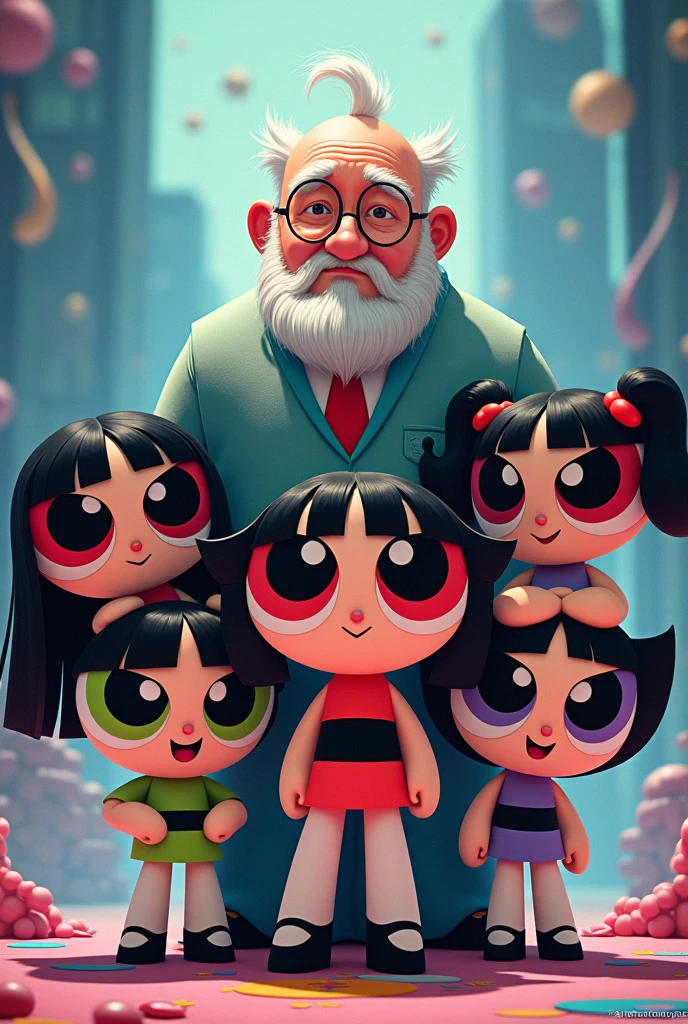 An image with 5 dark-haired powerpuff girls, 2 with straight hair and 3 with curly hair + an old professor with white hair