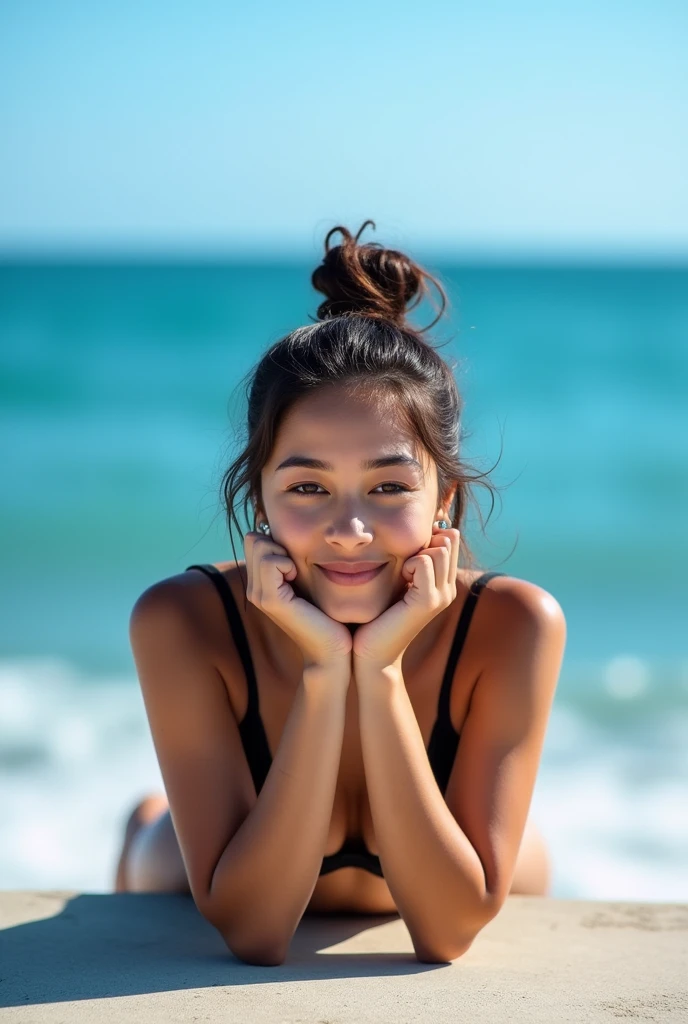 The image shows a young woman lying on a concrete surface near the ocean. She is wearing a black bikini and her hair is styled in a messy bun. The woman is resting her head on her hands and appears to be deep in thought. The ocean is visible in the background, with small waves crashing onto the shore. The sky is clear and blue. The overall mood of the image is peaceful and serene.