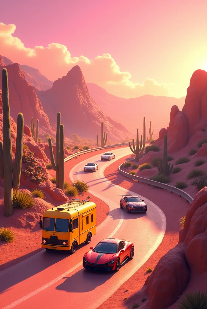 Create a twisty racing track with fashionable cars in the Mexican desert, they are driving forward in the background, the background of mountains, cacti. There is a playground in the foreground. Everything is in golden pink tones. On the front of that picture stays yellow food truck