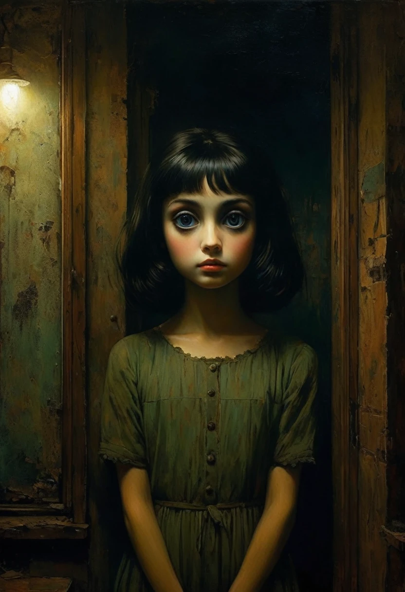 Night room, dark room, completely darkened room, tv on, dusky, grainy, eerie environment. creepypasta is a scary entity in the form of a woman with very big eyes, a very sad sad look, perfect eyes, the best quality. gritty urban street art, dark character. in the style of frank frazetta, aykut aydogdu, pino daeni, charlie bowett, albert joseph penaud, ray caesar, tetsuya ishida. zdzislaw beksinski.