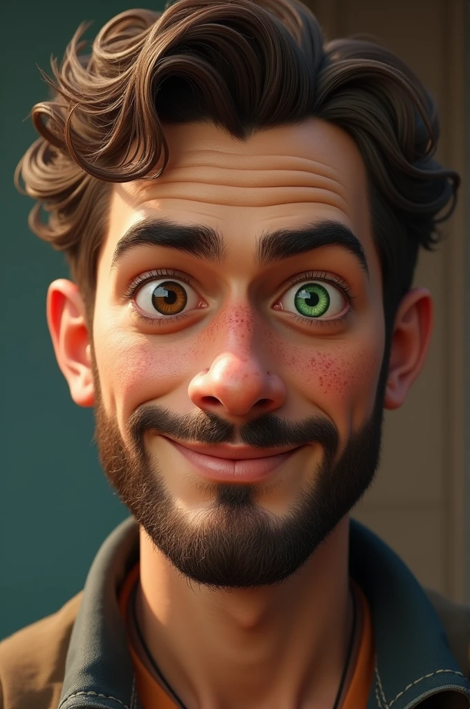 Create a realistic man with tan skin, square but soft face, fleshy lips, pointy nose, round eyes, with the right iris being green and the left iris being brown, thick eyebrow, freckles all over face, a thin beard and curly light brown hair.