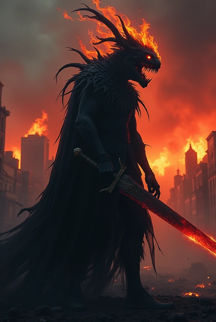 macabre creature, with a black and red city background, with flames in the mouth, flaming red eyes, and a sword in his hand,4K, ultra realism