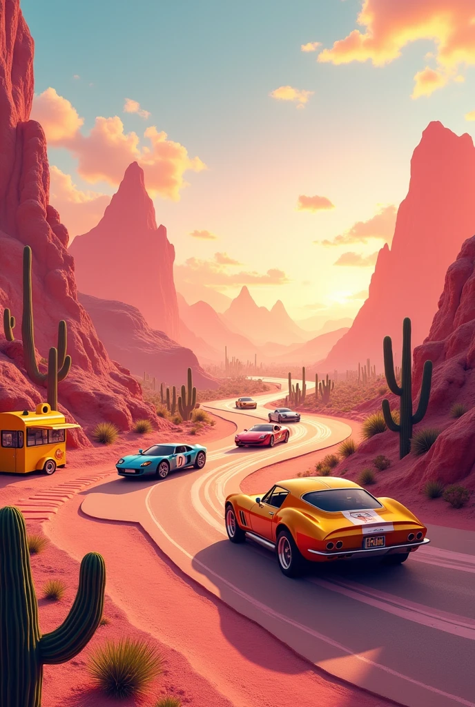 Create a twisty racing track with fashionable cars in the Mexican desert, they are driving forward in the background, the background of mountains, cacti. There is a playground in the foreground. Everything is in golden pink tones. On the front of that picture stays yellow food truck
