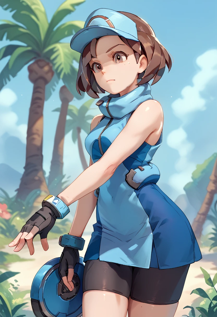 overwatch, 3d, cgi, Ace_trainer (pokemon), acetrainer, short brown hair, bike short,blue two tone sleeveless short dress, fingerless gloves, headwear