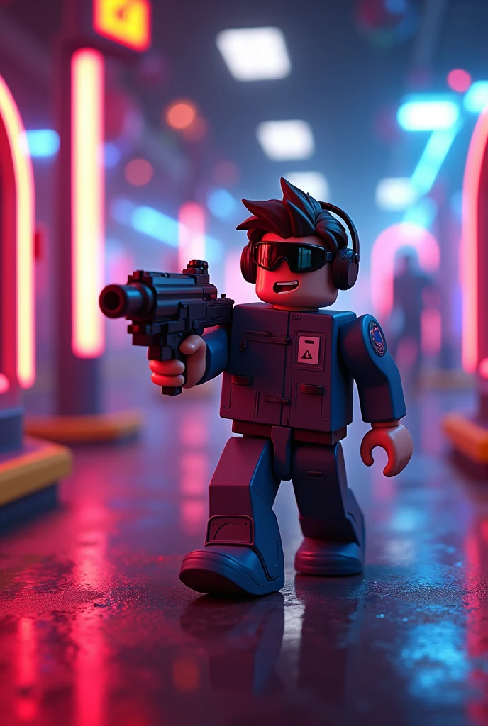(photorealism:1.2), personnage roblox qui samuse dans un laser game