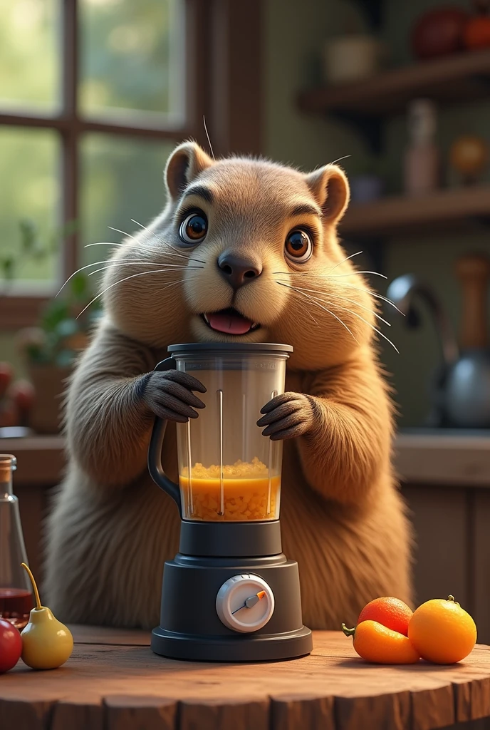 Blender being used by female groundhog with dark brown hair