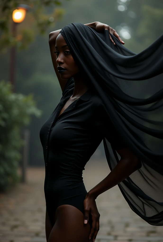 A black ballerina with hair covered in black fabric in an outdoor area simulating a photo studio wearing a black dress shirt, artistic pose 