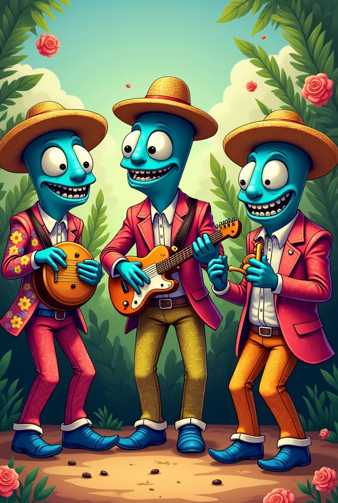 Hello, I want you to generate an image for me that is a logo that has a band of germs. We are talking about the virus. They have a Colombian cumbia style. They have flowery suits and straw hats. One has a bass, another a conga, another a güiro, another some timbales, another that is a singer, another a trumpet, another an accordion, and another a piano.