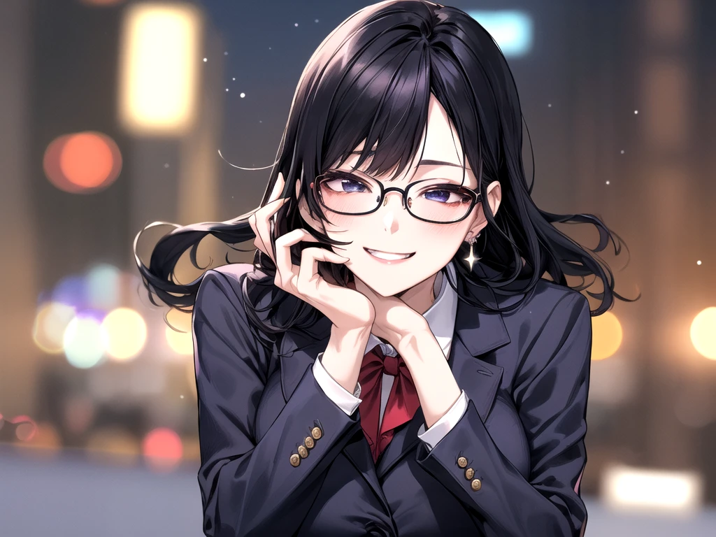 One woman, 2、Men around、Glasses、Black Hair、Big Breasts、Medium Hair、Navy blue business suit、Face Focus, Best, bow, Highest quality, Detailed face, office, Detailed Background, night、Ginza City、Neon Sparkle、Depth of Field, Bokeh、smile、I like sex、Reception、crowd、Being drunk、