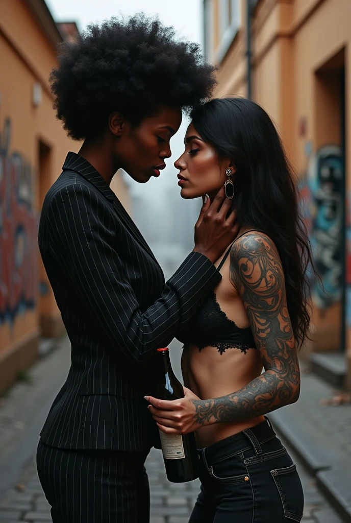 Two russian old milf women: the dominant aggressive dark skinned black woman in business pinstripe suit (jacket and trousers), long nails and afro hair, standing up with separated legs and possessive stance (arm around her girlfriends' shoulders squishing her tightly, touching the neck of the white woman with her other hand, like a predator on her prey). Next to her, her white rich drunk girlfriend looks at the camera  (white woman is very pale: pale face, pale neck, pale chest, pale arms, pale hands, pale stomach, pale leg), white woman stretches her neck and looks at the camera  feeling overwhelmed by her girlfriend. white woman is shy and submissive, feeling dizzy and needy white woman is being seduced. White woman stands up on her tiptoes pinned on a graffitied wall, White woman"s body is twisted and unstable, holding a bottle of wine. White woman dresses in  rock chic style: Black skinny leather jeans with white seams, platinum blonde hair (pouf, top messy bun, colourful bandana as headband) and oversized square sunglasses as headband. Big lips with no makeup. Black studded lace push up bra, big breasts. Barefoot.. Lots of thick wide studded bracelets in the wrists of the white woman, big pearl necklaces around the necks of the white woman, and big rings, Pearl earrings. Loose chains and studded belts around the hips of the white woman. White woman holds a bottle of wine. White woman is lazy, leaning on her girlfriend.. The white woman is densely tattooed on neck, tattoed chest, tattoed arms, tattoed stomach, tattoed legs, wrists and feet. White woman has well Toned abdominals, thin neck, slim legs and thin arms. Narrow hips. The body of the white woman is twisted in a lazy posture. Full body. On a narrow street with graffitied walls 
