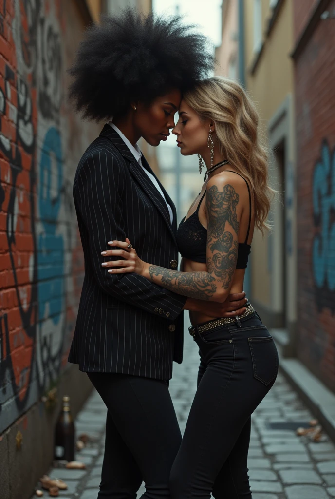 Two russian old milf women: the dominant aggressive dark skinned black woman in business pinstripe suit (jacket and trousers), long nails and afro hair, standing up with separated legs and possessive stance (arm around her girlfriends' shoulders squishing her tightly, touching the neck of the white woman with her other hand, like a predator on her prey). Next to her, her white rich drunk girlfriend looks at the camera  (white woman is very pale: pale face, pale neck, pale chest, pale arms, pale hands, pale stomach, pale leg), white woman stretches her neck and looks at the camera  feeling overwhelmed by her girlfriend. white woman is shy and submissive, feeling dizzy and needy white woman is being seduced. White woman stands up on her tiptoes pinned on a graffitied wall, White woman"s body is twisted and unstable, holding a bottle of wine. White woman dresses in  rock chic style: Black skinny leather jeans with white seams, platinum blonde hair (pouf, top messy bun, colourful bandana as headband) and oversized square sunglasses as headband. Big lips with no makeup. Black studded lace push up bra, big breasts. Barefoot.. Lots of thick wide studded bracelets in the wrists of the white woman, big pearl necklaces around the necks of the white woman, and big rings, Pearl earrings. Loose chains and studded belts around the hips of the white woman. White woman holds a bottle of wine. White woman is lazy, leaning on her girlfriend.. The white woman is densely tattooed on neck, tattoed chest, tattoed arms, tattoed stomach, tattoed legs, wrists and feet. White woman has well Toned abdominals, thin neck, slim legs and thin arms. Narrow hips. The body of the white woman is twisted in a lazy posture. Full body. On a narrow street with graffitied walls 