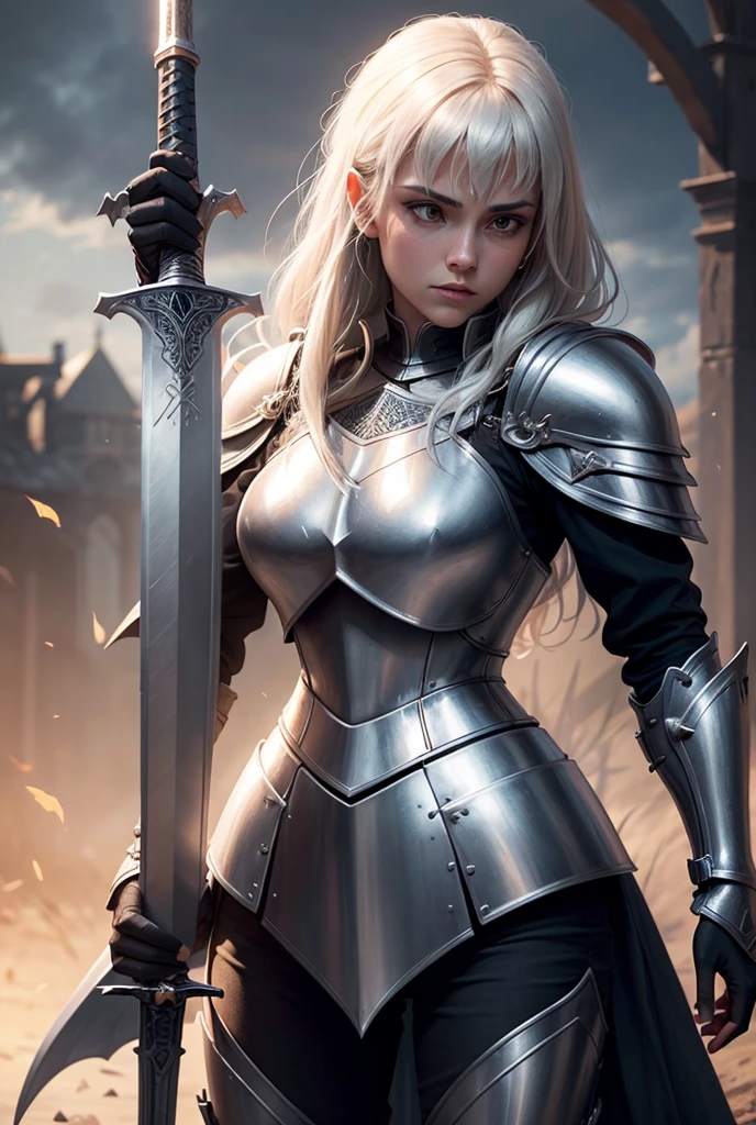 a woman in armor holding a sword and a sword, girl in armor, wearing witch blade armor, women's knight bikini armor, girl in knight armor, beautiful armor, of a beautiful knight, wearing fantasy armor, Dazzling Armor, Karol behind uhd, mechanized valkyrie girl, beautiful knight, girl of the zodiac knights, beautiful female paladin, fantasy armor