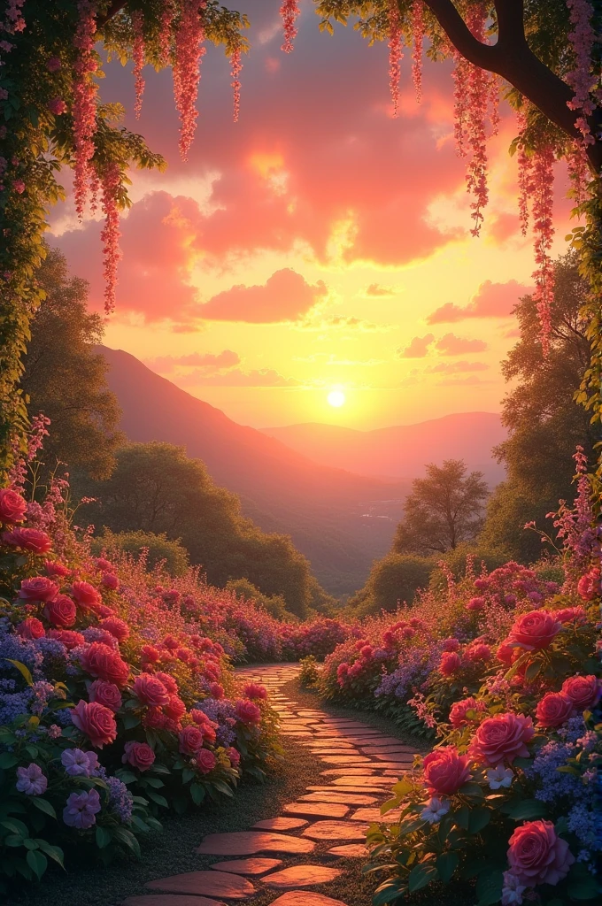 A sunset with a dazzling garden and hanging flowers