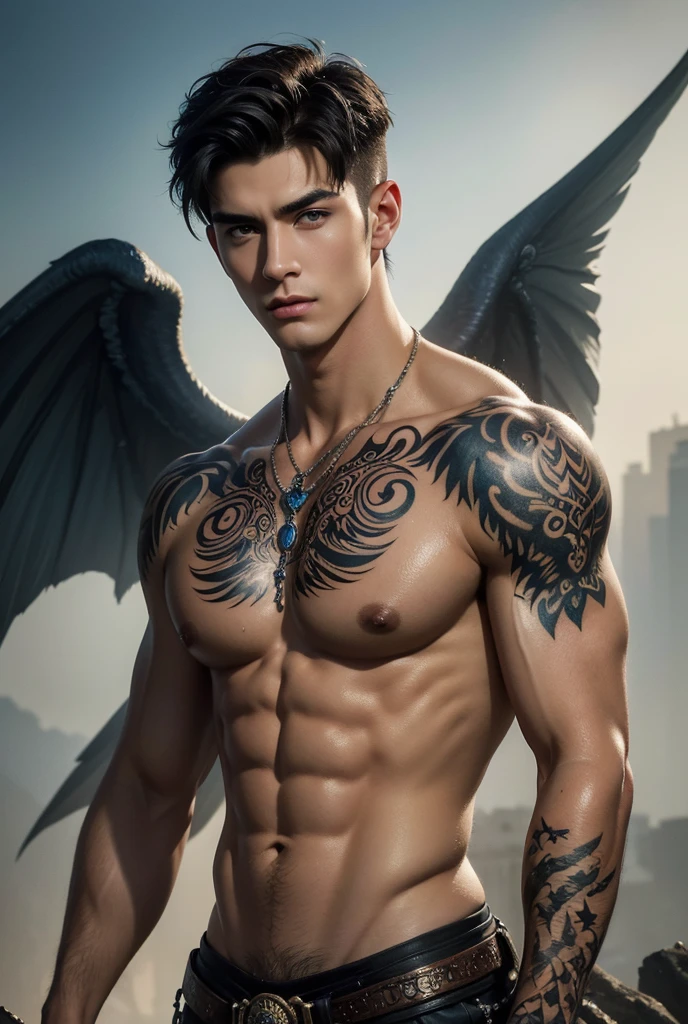 masterpiece, best quality, high quality, a tall muscular handsome young man, solo, perfect facial features, (short hairstyle:1.5), beautiful, gorgeous, wet, digital painting, Fantasy, Fine Art, Digital Art, Magical, Mystical, Ethereal, Unique Style, Highly Textured, Intricate Details, Vibrant Colors, absurdres, Dynamic Pose, Vigilant Stance, Fantasy Art, mythical creatures, Magic, Surreal, Symbolic, divine tattoos, (sexy gaze), looking at the viewers romantically,