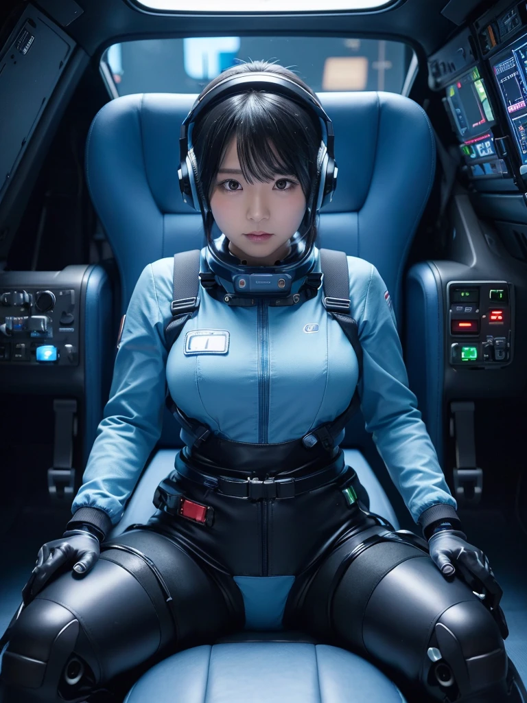 Japanese female android,Black Hair,Space station cockpit,Secured to the seat with a thick harness,Wearing a headset,Plump,Slightly thicker,Spread your legs,Squat,Sky blue robot suit,Robotic arms and legs,connected by cable,Surrounded by switches and monitors,