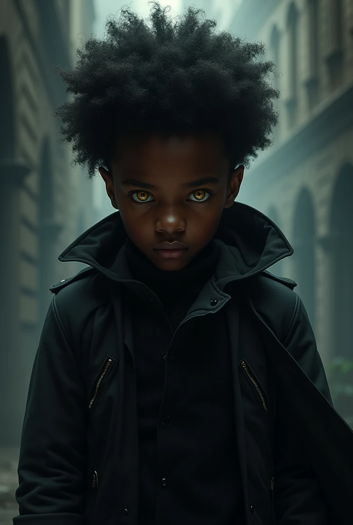 a Afro-American yong boy, yellow eyes, mischievous expression, wearing black clothes, detailed facial features, sharp features, infiltrating rogue clothes, moody lighting, dramatic shadows, cinematic composition, dark fantasy, muted color palette, heroic pose