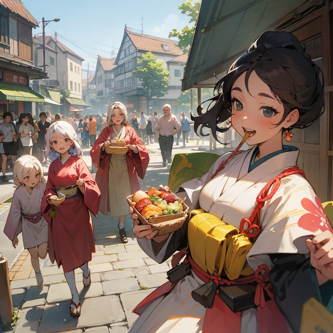 Illustrations for children's picture books,realistic, detailed illustration,A lively town square filled with people of all ages, from children to elderly, eating japanese style bento boxes. Their faces are visibly brightening as they eat, with smiles spreading across their features. Some people are literally bouncing or floating slightly off the ground, as if gravity has lessened its hold on them. The atmosphere is joyful and energetic, with a subtle magical glow surrounding the japanese style lunch box eaters., hand-painted style, digital art touch,(illustration:1.5), (Watercolor:1,2)