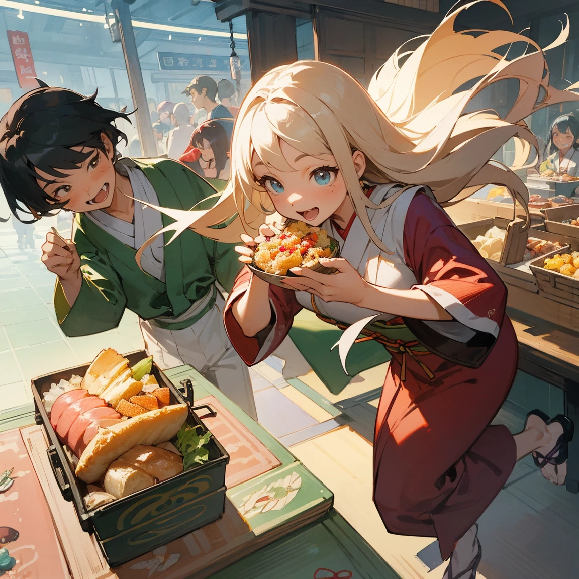 Illustrations for children's picture books,realistic, detailed illustration,A lively town square filled with people of all ages, from children to elderly, eating japanese style bento boxes. Their faces are visibly brightening as they eat, with smiles spreading across their features. Some people are literally bouncing or floating slightly off the ground, as if gravity has lessened its hold on them. The atmosphere is joyful and energetic, with a subtle magical glow surrounding the japanese style lunch box eaters., hand-painted style, digital art touch,(illustration:1.5), (Watercolor:1,2)