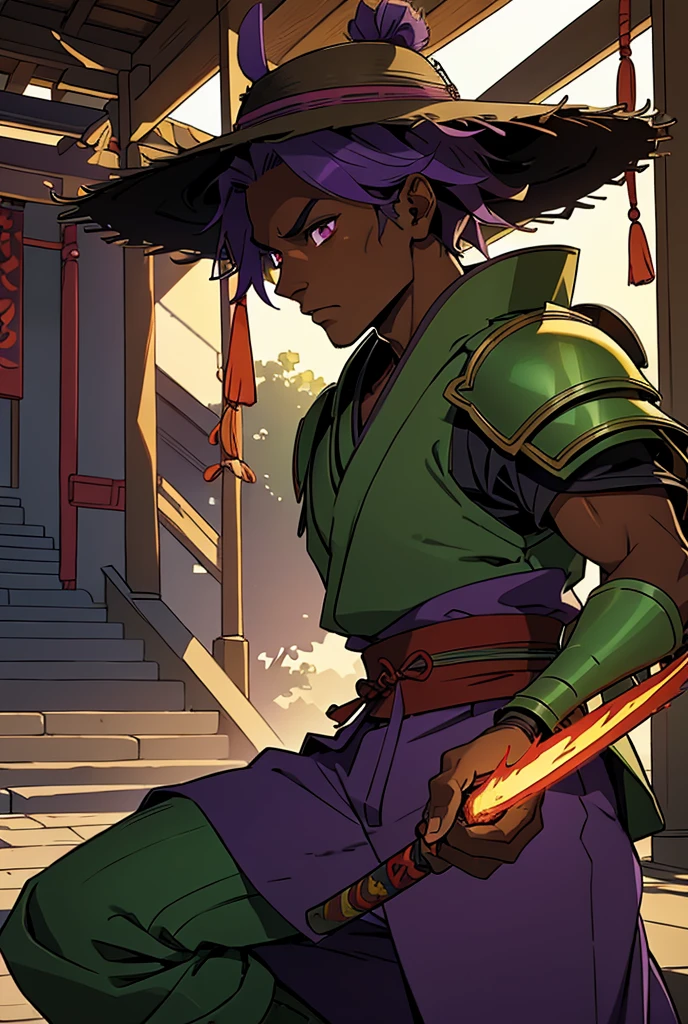 1 men, African ancestry, green colored samurai armor, Eyes red, 2 purple and yellow Japanese swords, straw hat, temple with stairs