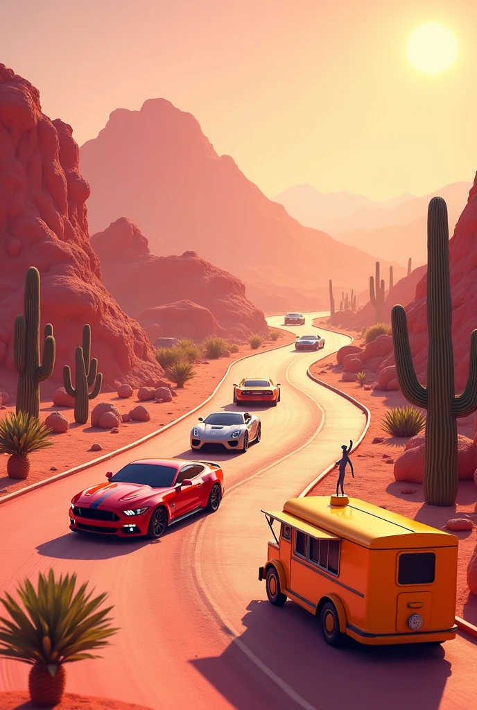 Create a twisty racing track with fashionable cars in the Mexican desert, they are driving forward in the background, the background of mountains, cacti. There is a playground in the foreground. Everything is in golden pink tones. On the front of that picture stays yellow food truck
