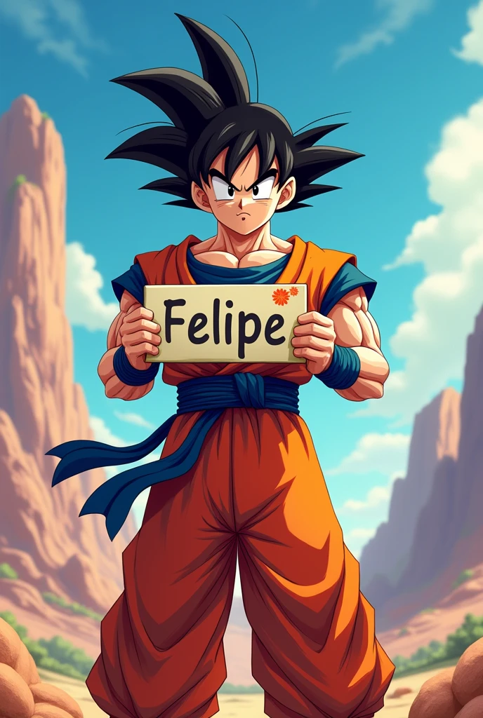 Goku holding a sign with the name Felipe 