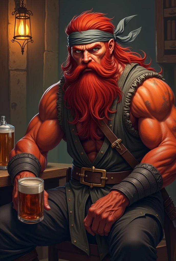 A fire Genasi male, hair red, muscular build, red skin, a dark red bushy beard a battle axe in one hand and a mug of ale in the other. He’s kind of meh faced and sitting in a bar. Wearing a bandana on his head and a shirt no sleeves.