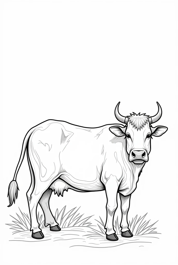 Create black and white images of cows designed for coloring. Designs should be detailed but accessible to color, with clear lines and spaces that allow for creative use of color. Each cow should be depicted in a natural setting, such as a jungle, forest, or farm, with elements that add context but keep the focus on the animal itself. The overall style should be playful and engaging, suitable for both children and adults.