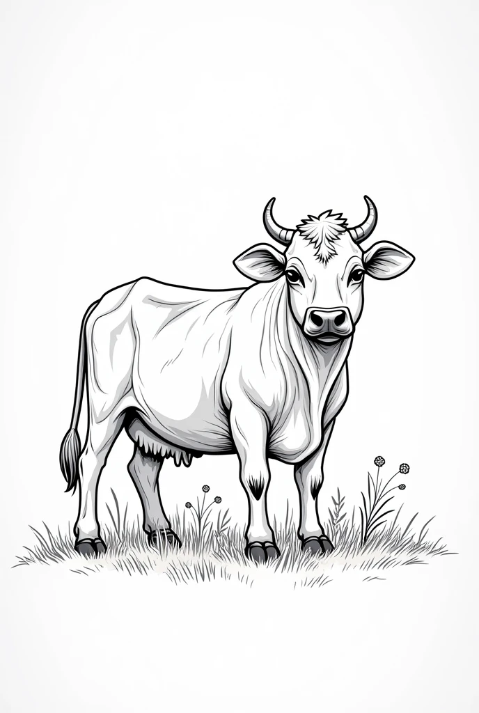 Create black and white images of cows designed for coloring. Designs should be detailed but accessible to color, with clear lines and spaces that allow for creative use of color. Each cow should be depicted in a natural setting, such as a jungle, forest, or farm, with elements that add context but keep the focus on the animal itself. The overall style should be playful and engaging, suitable for both children and adults.