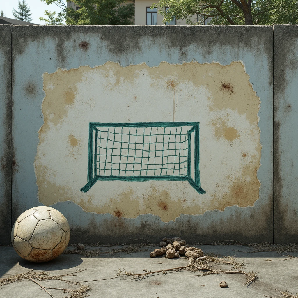 wall with a goal drawn on it and an old soccer ball