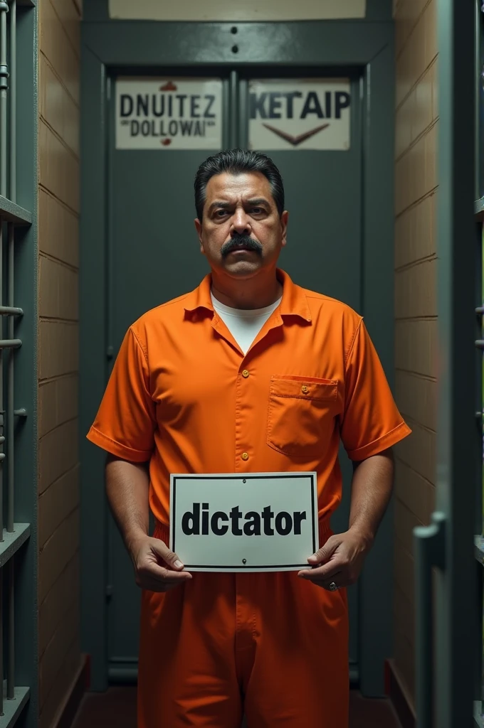 Nicolás Maduro dressed in orange prison clothes in a jail and a sign that says DICTATOR