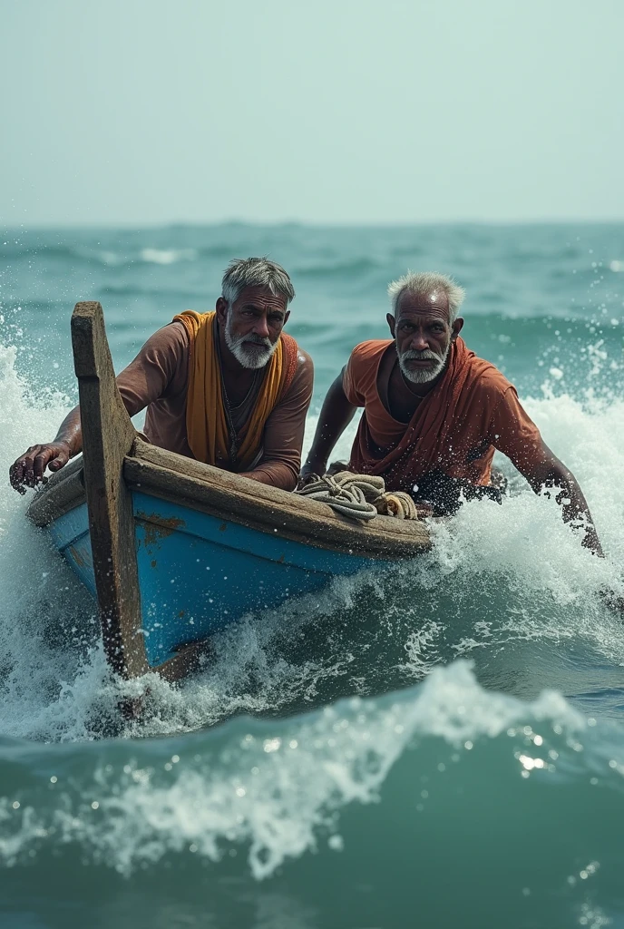 Two fishermen friends from south Asian country old times sinking in the sea while their boat rolled over and floating away