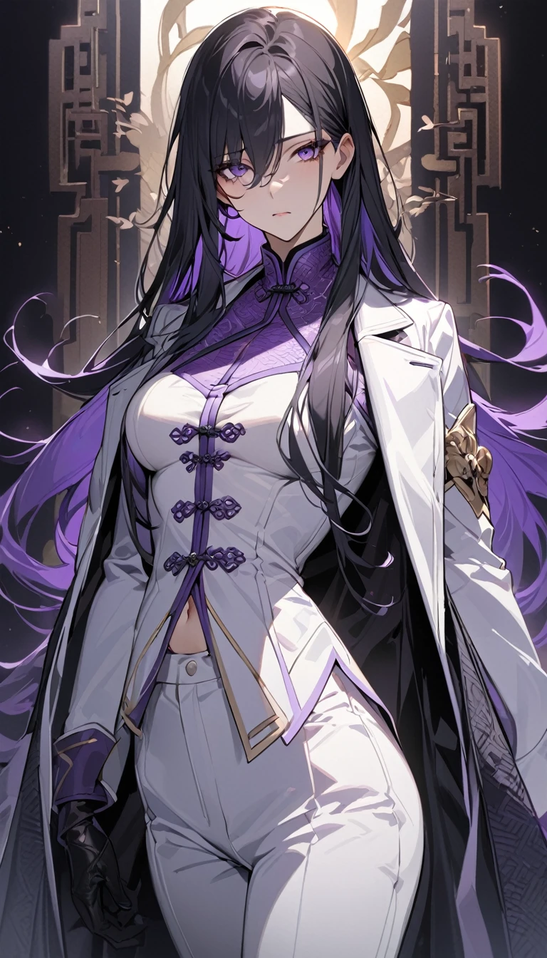 (masterpiece:1.5),best quality,Solitary,Black Hair,(Long hair:1.5), (Purple Eyes), (Cold expression),Perfect face,Fantasy Chinese style,Long black trench coat,Purple cloth,Complex clothing designs with Chinese elements,Black leather gloves,White lining,White suit pants,Slightly muscular body,High target,8K,Beautiful contrast of light and shadow,Purple flowers,Dark luxury background,(Complete upper body),Positive appearance,Handsome girl