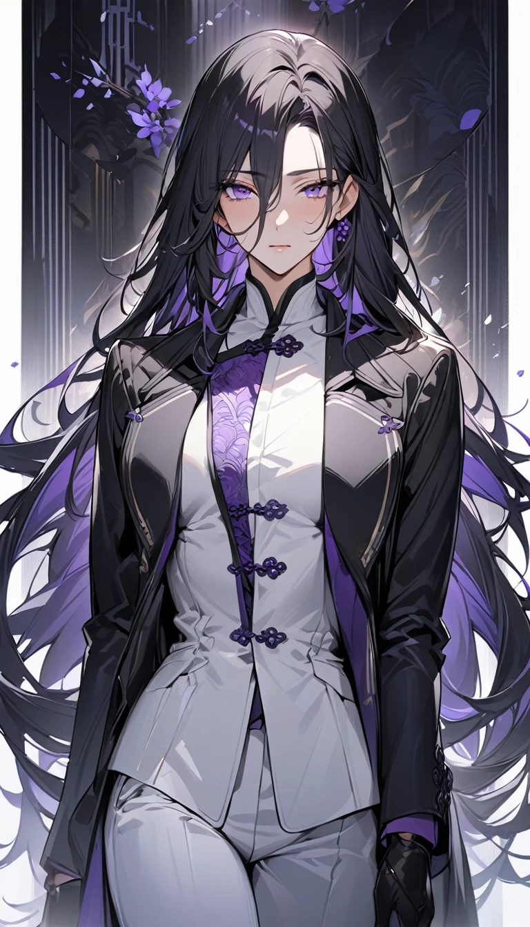 (masterpiece:1.5)，best quality，Solitary，Black Hair，(Long hair:1.5), (Purple Eyes), (Cold expression)，Perfect face，Fantasy Chinese style，Long black trench coat，Purple cloth，Complex clothing designs with Chinese elements，Black leather gloves，White lining，White suit pants，Slightly muscular body，High target，8K，Beautiful contrast of light and shadow，Purple flowers，Dark luxury background，(Complete upper body)，Positive appearance，Handsome girl