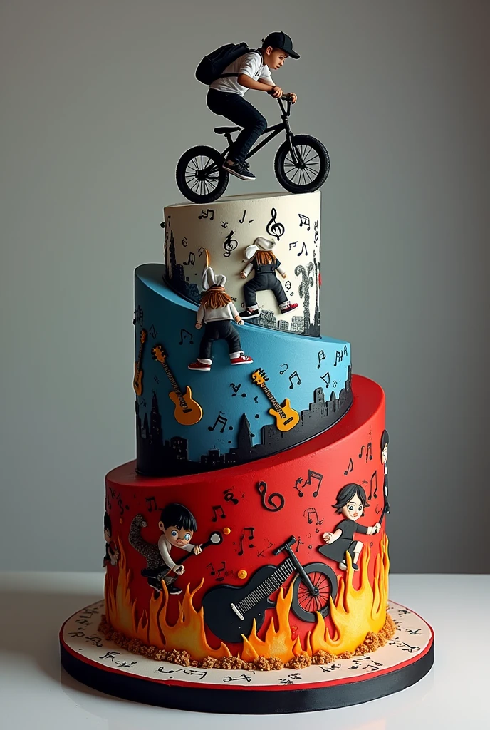 three-tier tilted cake: Floor 1: with images of fire and musical notes, floor 2: musical notes and electric guitar: floor 3: Young BMX stunts, black colors, White and red