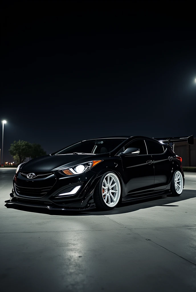 Hyundai i40 2015 black tuned with white rims at night with the lights on