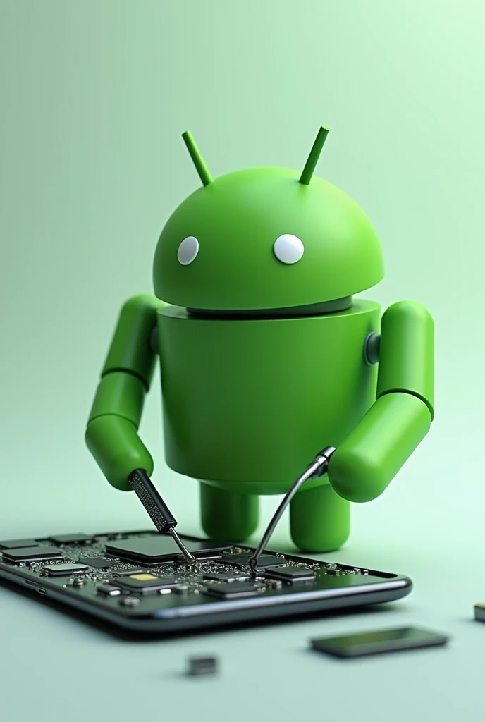 The Android logo repairing a cell phone