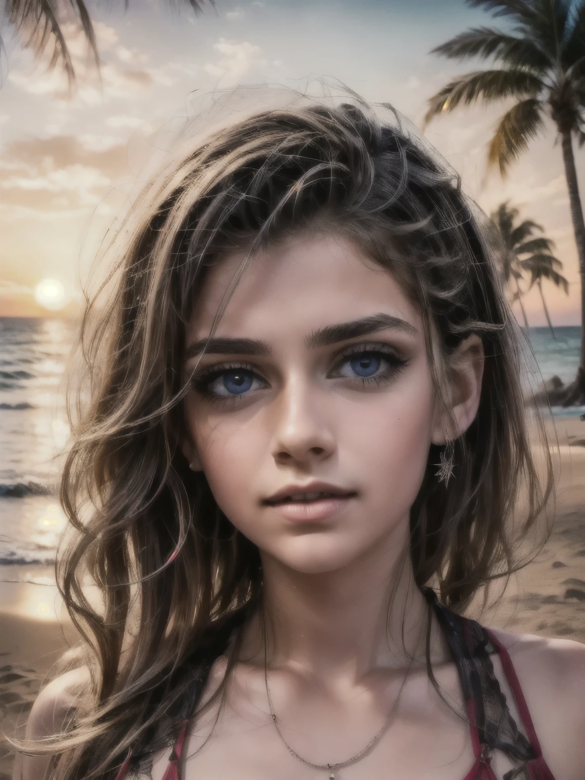 a group of boys and girls near the beach on a summer night, beautiful detailed eyes, beautiful detailed lips, extremely detailed eyes and face, long eyelashes, teenage, candid, natural outdoor lighting, sunset sky, crashing waves, sand, palm trees, vibrant colors, cinematic, dramatic, 8k, high resolution, photorealistic, hyper detailed, stunning, masterpiece