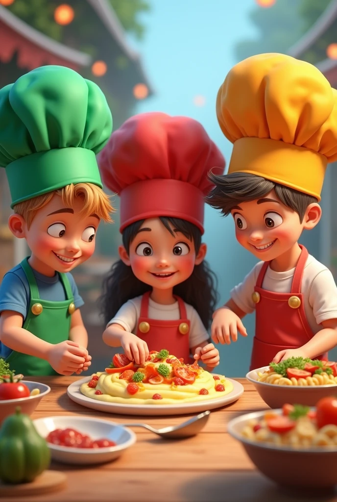 THREE LITTLE COOKING BOYS AND GIRLS WITH GREEN, RED AND BLUE CAPS WITHOUT BACKGROUND PIXAR EFFECT WITH TITLE PRODUCTIVE GASTRONOMIC FAIR