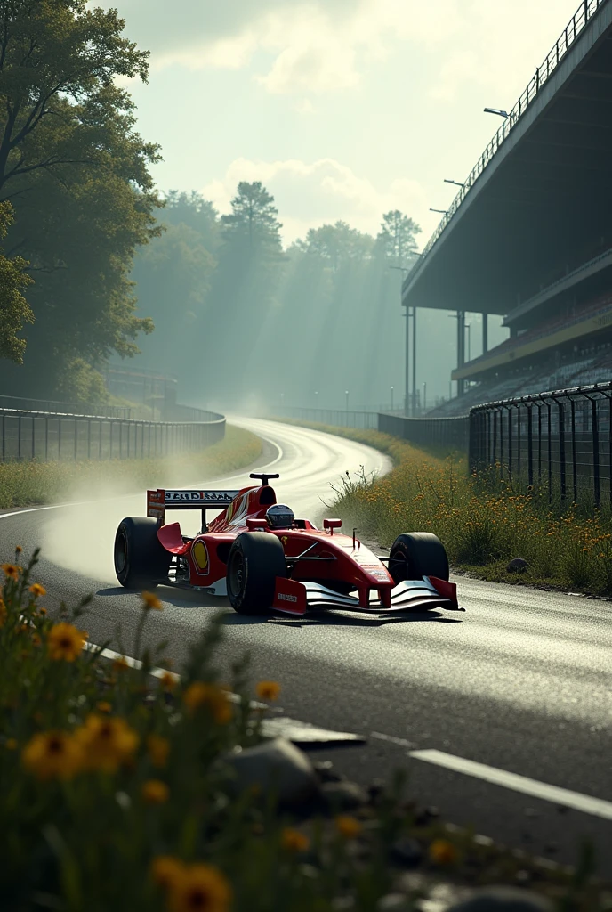 Old abandoned Hockenheim circuit with a Ferrari Formula 1 driving there from 2000