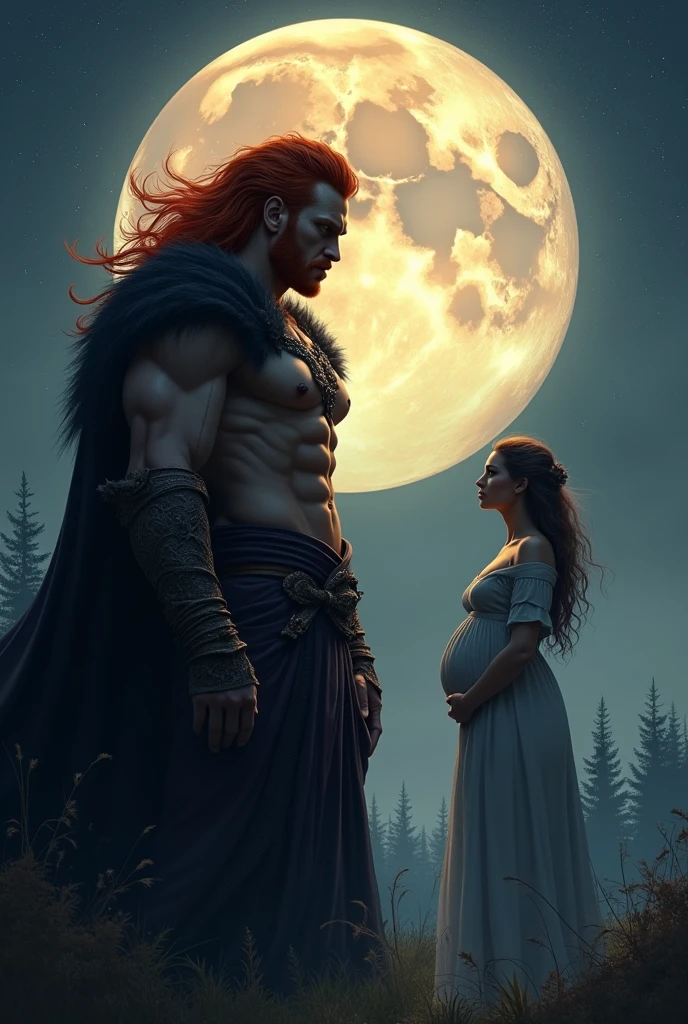 Creates the image of a masculine, red-haired man, a pregnant woman in the background at night with a big moon