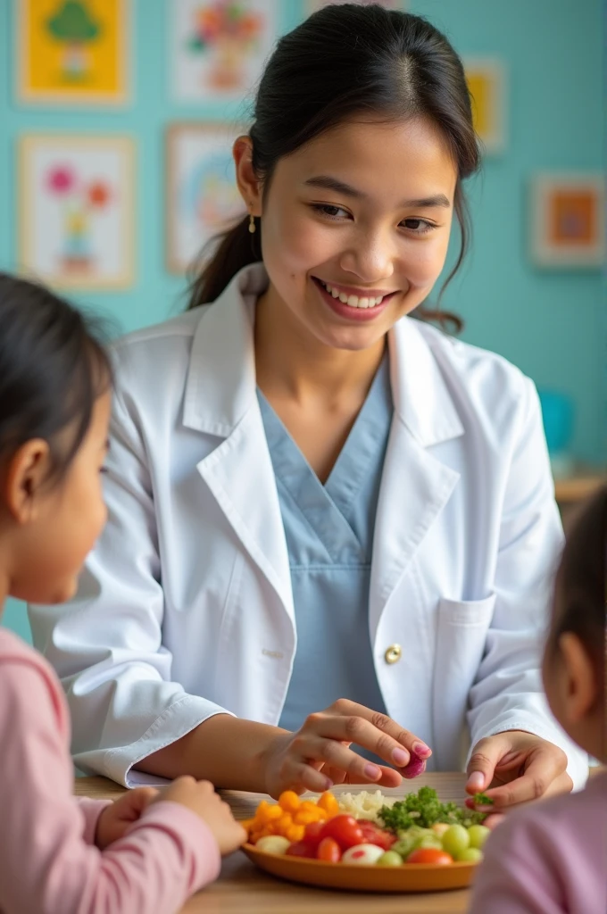 young woman with white skin, lightbrown eyes, with black wavy hair, wearing lab coat, working at the hospital, helping seven year old boy, blond with glasses on his face