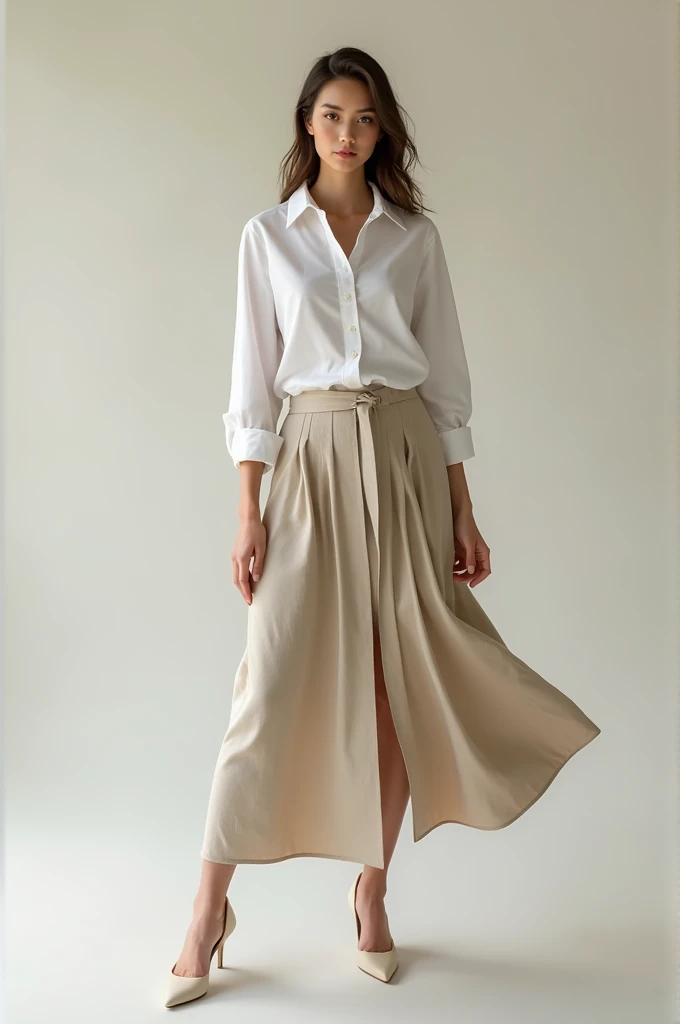 A woman dressed in a canvas skirt and formal shirt