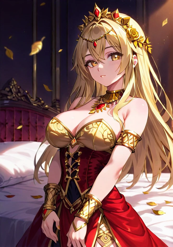 (dancing:1.5) (close up) (full body pose) (adult woman:1.2) (:1.1) (:1.1) (elaborate beautiful red gold dress:1.5) () (golden halo) golden chain choker, night, dark cozy bedroom, mood lighting, on bed, Absurd, Perfect , Good lighting, Shadows in the movies, large breasts, very large butt, thin waist, Long HAIR, blonde HAIR, (loving look:1.4), original HAIR style, Dynamic Angle, (detailed face:1.3) (dynamic lighting:1.2), (gold leaf bracers on arms) (gold leaf hair piece) (elaborate golden necklace) (gold roses on bed) (golden eyes)