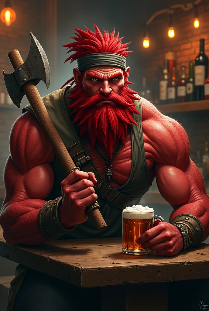 A fire Genasi male, hair red, muscular build, red skin, a dark red bushy beard a battle axe in one hand and a mug of ale in the other. He’s kind of meh faced and sitting in a bar. Wearing a bandana on his head and a shirt no sleeves.
