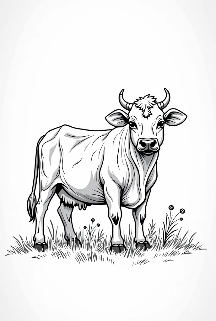 Create black and white images of cows designed for coloring. Designs should be detailed but accessible to color, with clear lines and spaces that allow for creative use of color. Each cow should be depicted in a natural setting, such as a jungle, forest, or farm, with elements that add context but keep the focus on the animal itself. The overall style should be playful and engaging, suitable for both children and adults.