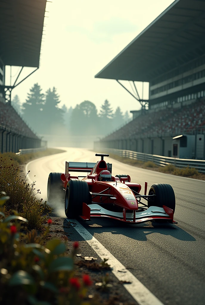 Old abandoned Hockenheim circuit with a Ferrari Formula 1 driving there from 2000