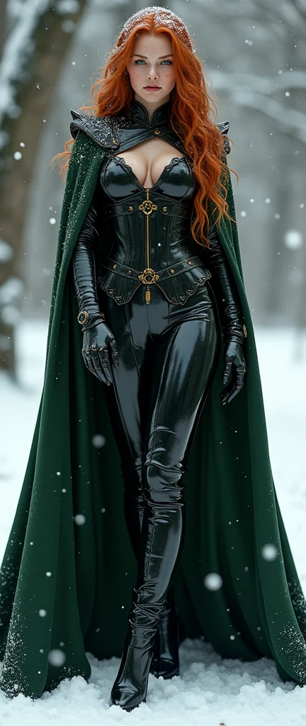 Young Triss merigold is wearing black latex wizard suit with a dark green cape and with golden details her ginger hair is covered in snow she has big and ass her suit is covered in snow she has freckles and green eyes she is wearing a tight dark corset she is wearing latex gloves her torso is slim and her ass and are fit she is wearing latex black thigh high boots with a high hells her suit has a lot of details